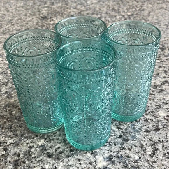 A set of 4 Decorative Tall Glasses in bluish green. 5.5” tall. New! - Picture 1 of 4